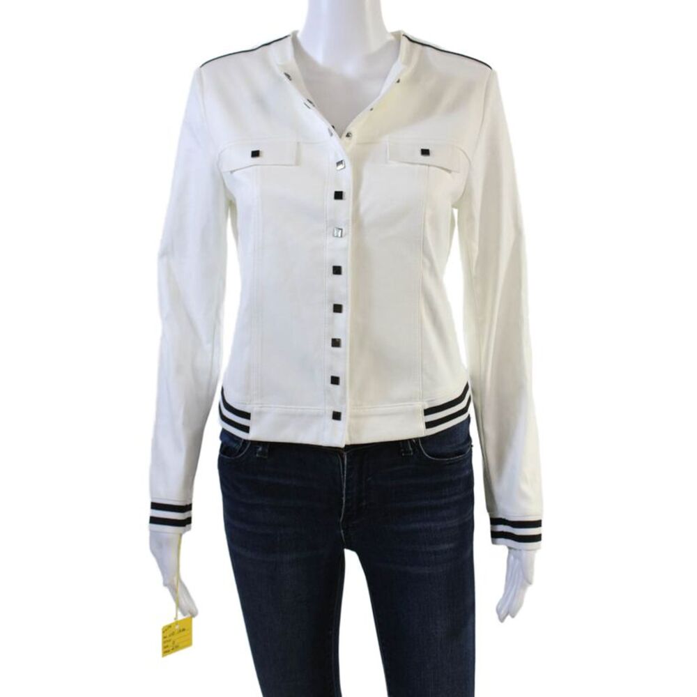 Insight Womens Striped Round Neck Long Sleeve Snap Closure Jacket White Size 2